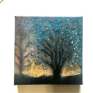 Handpainted canvas wall art tree landscape scene 4 inch square
